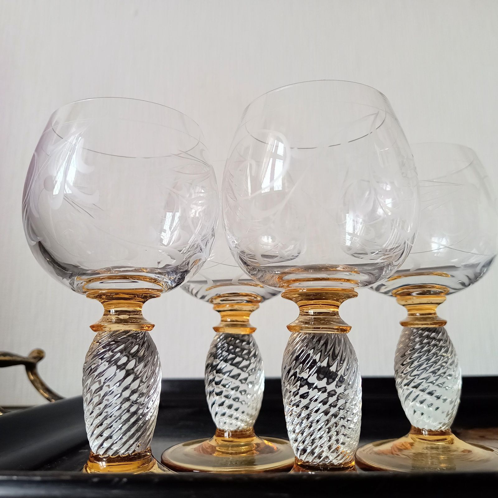 Vintage Hand Made Theresienthal Crystal Roemer Wine Glasses: Twisted Stem, Honey Yellow Decor photo Home Decor