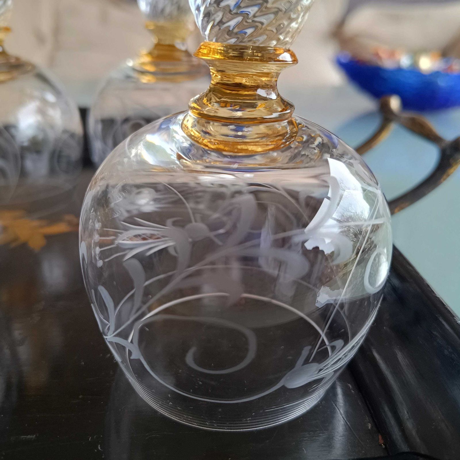 photo for sale Vintage Hand Made Theresienthal Crystal Roemer Wine Glasses: Twisted Stem, Honey Yellow Decor