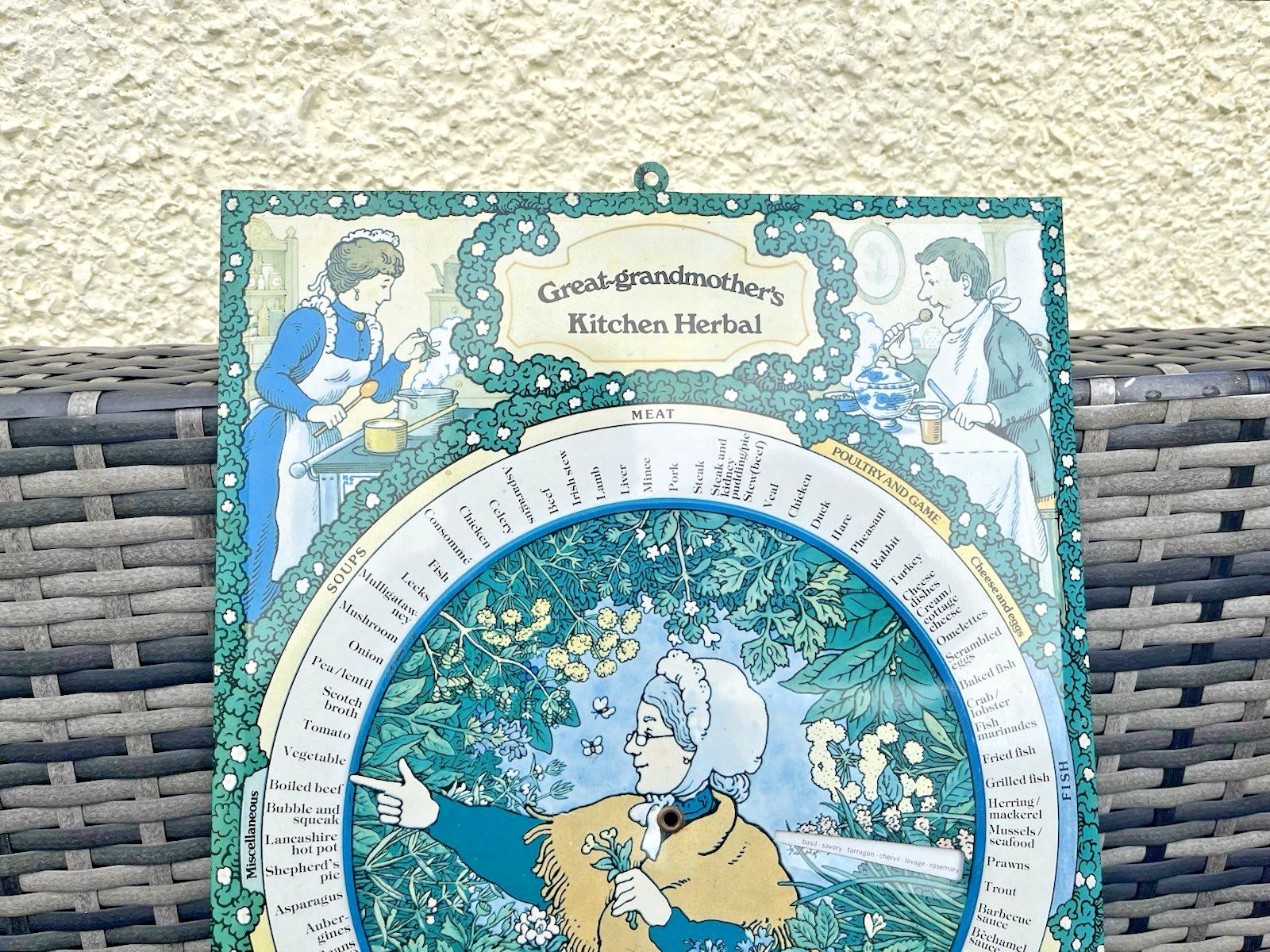 Vintage Great Grandmothers Herbal Kitchen Spinning Recipe Wheel Kitchen Tin Sign photo for sale