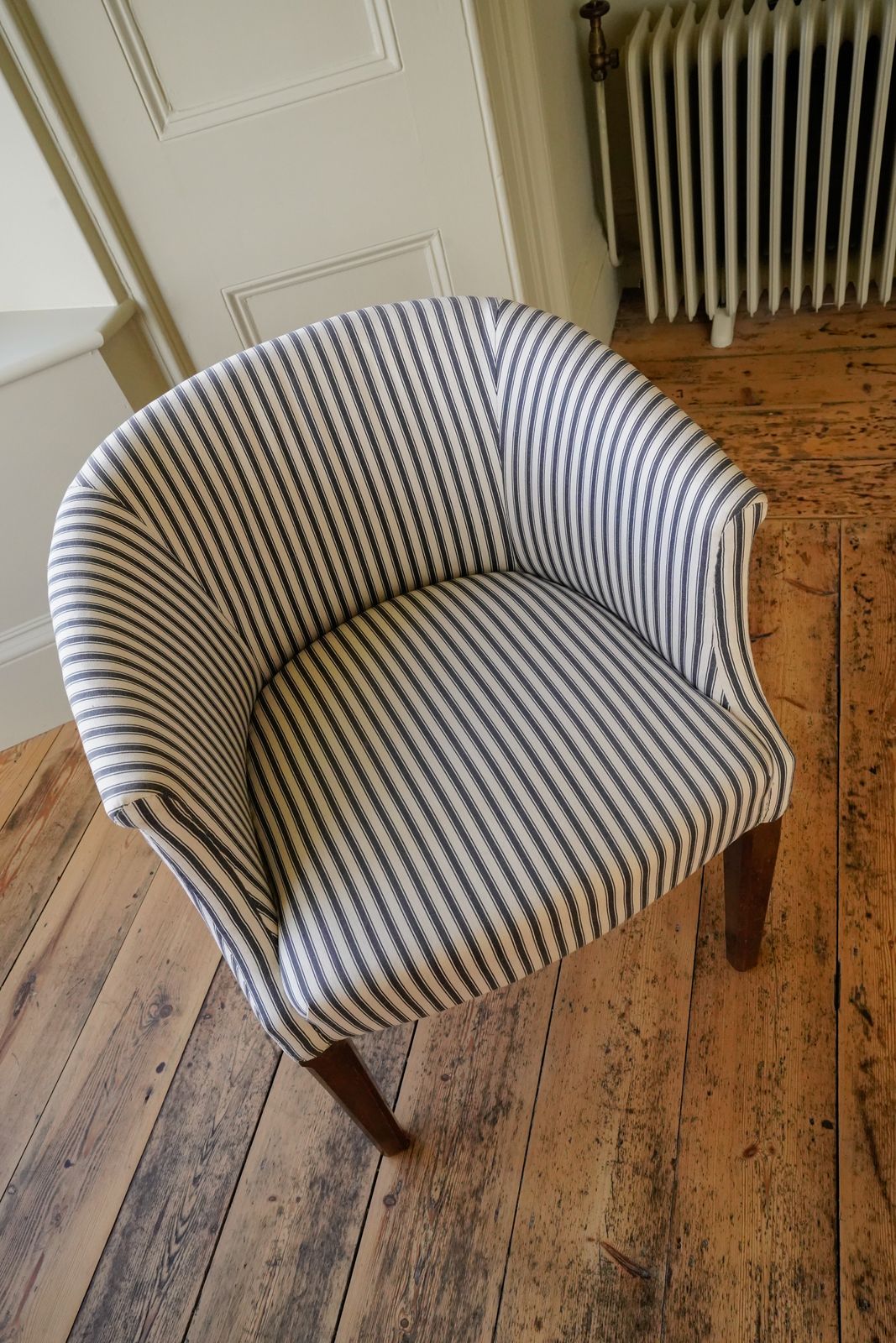 A Pair Of Beautiful Edwardian Tub Chairs Upholstered In Tori Murphy Navy Cotton Ticking Stripe photo Furniture