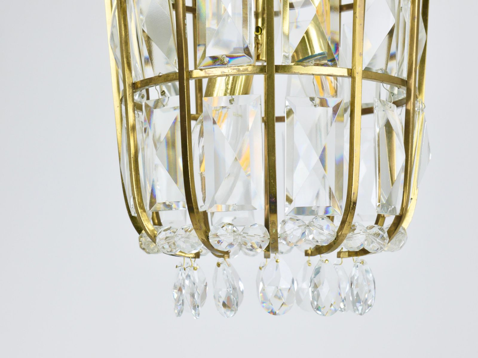 Bakalowits Vienna Brass & Crystal Chandelier Lantern Pendant Lamp, Austria, 1950 photo buy