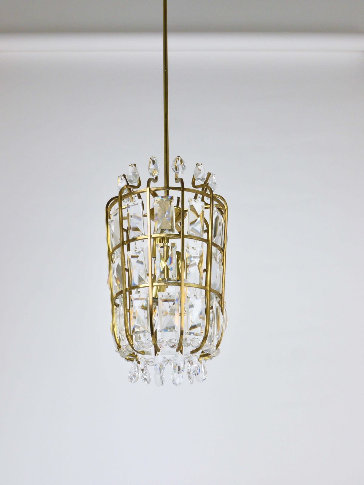 Bakalowits Vienna Brass & Crystal Chandelier Lantern Pendant Lamp, Austria, 1950 photo vintage