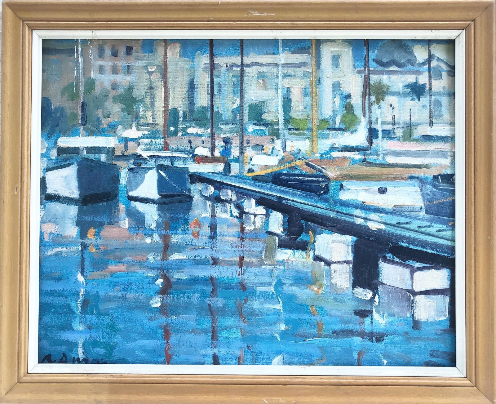 Rafael Duran Benet Mediterranean Harbor Oil Painting Marina Boats Port Coastal Landscape 1990s photo furniture