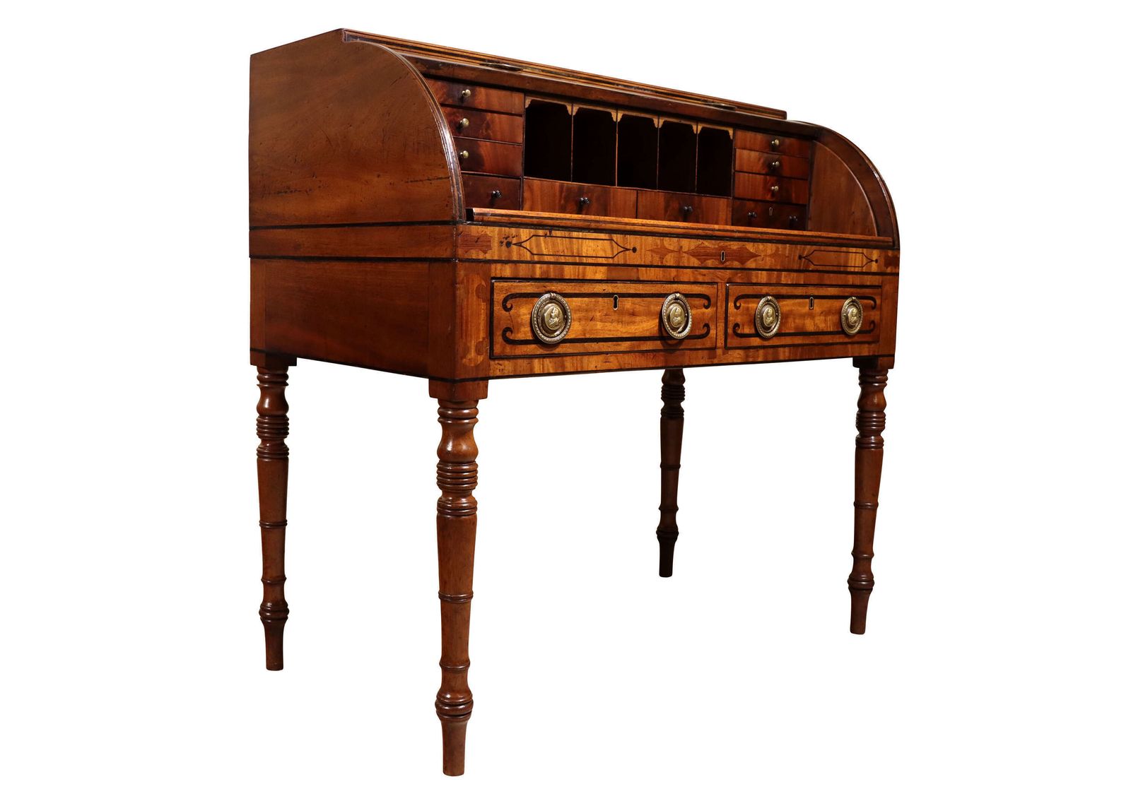 Regency Mahogany Cylinder Desk With Ebony Inlay & Brass Ring Handles, C.1820 photo furniture
