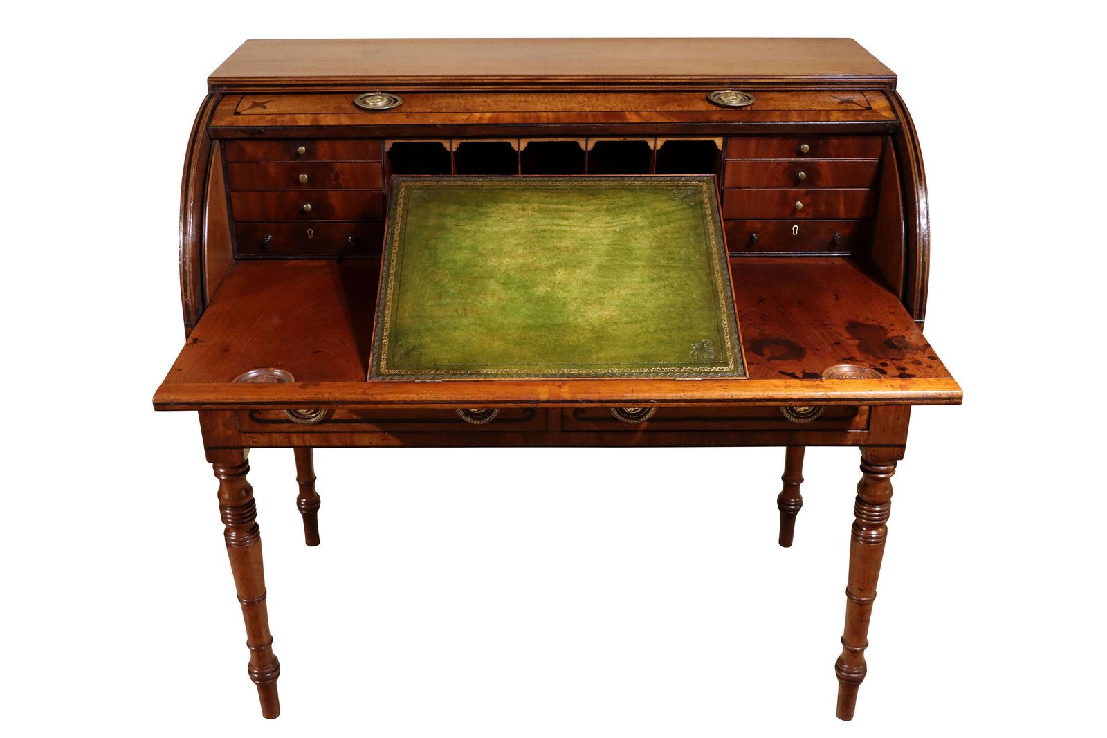 Regency Mahogany Cylinder Desk With Ebony Inlay & Brass Ring Handles, C.1820 photo for sale