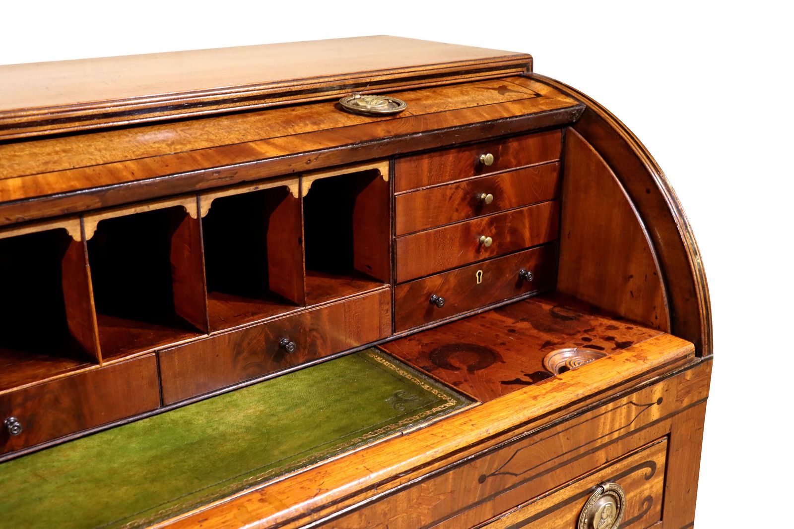 Regency Mahogany Cylinder Desk With Ebony Inlay & Brass Ring Handles, C.1820 photo vinterior