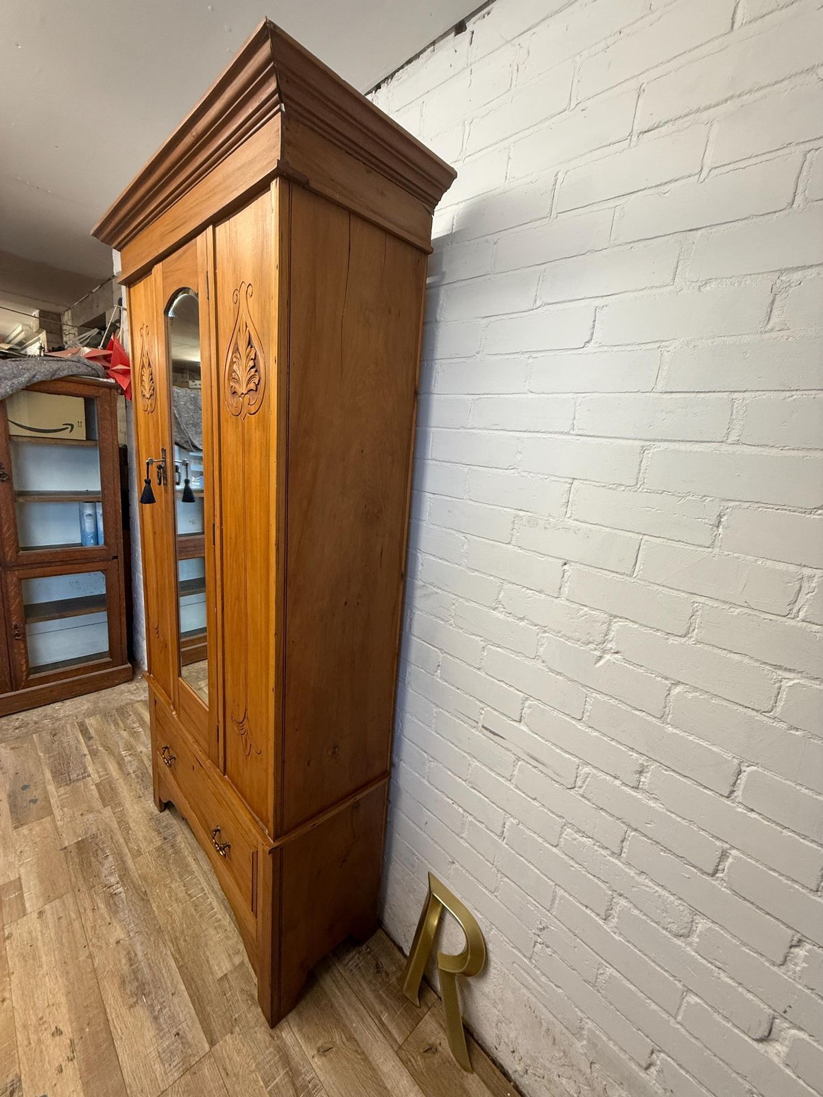 Antique Pine Hallway Wardrobe With Mirror Door | Art Nouveau Style Carved Panels | Edwardian Cupboard photo buy