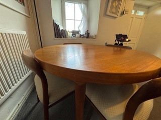 photo for sale Authentic Set Of 6 Niels Otto Møller Dining Chairs, 4 Dining, 2 Carvers & Expanding Dining Table — Danish Mcm Design