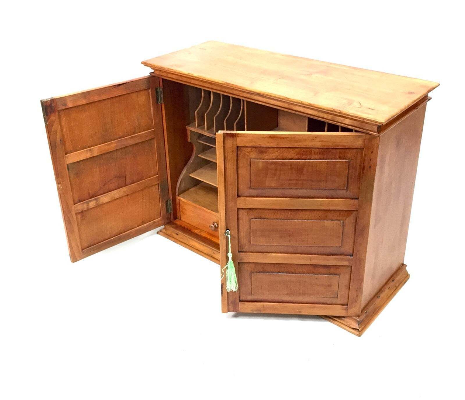 Antique Pine Wooden Tabletop Filing Cabinet / Storage Box With Drawers & Key