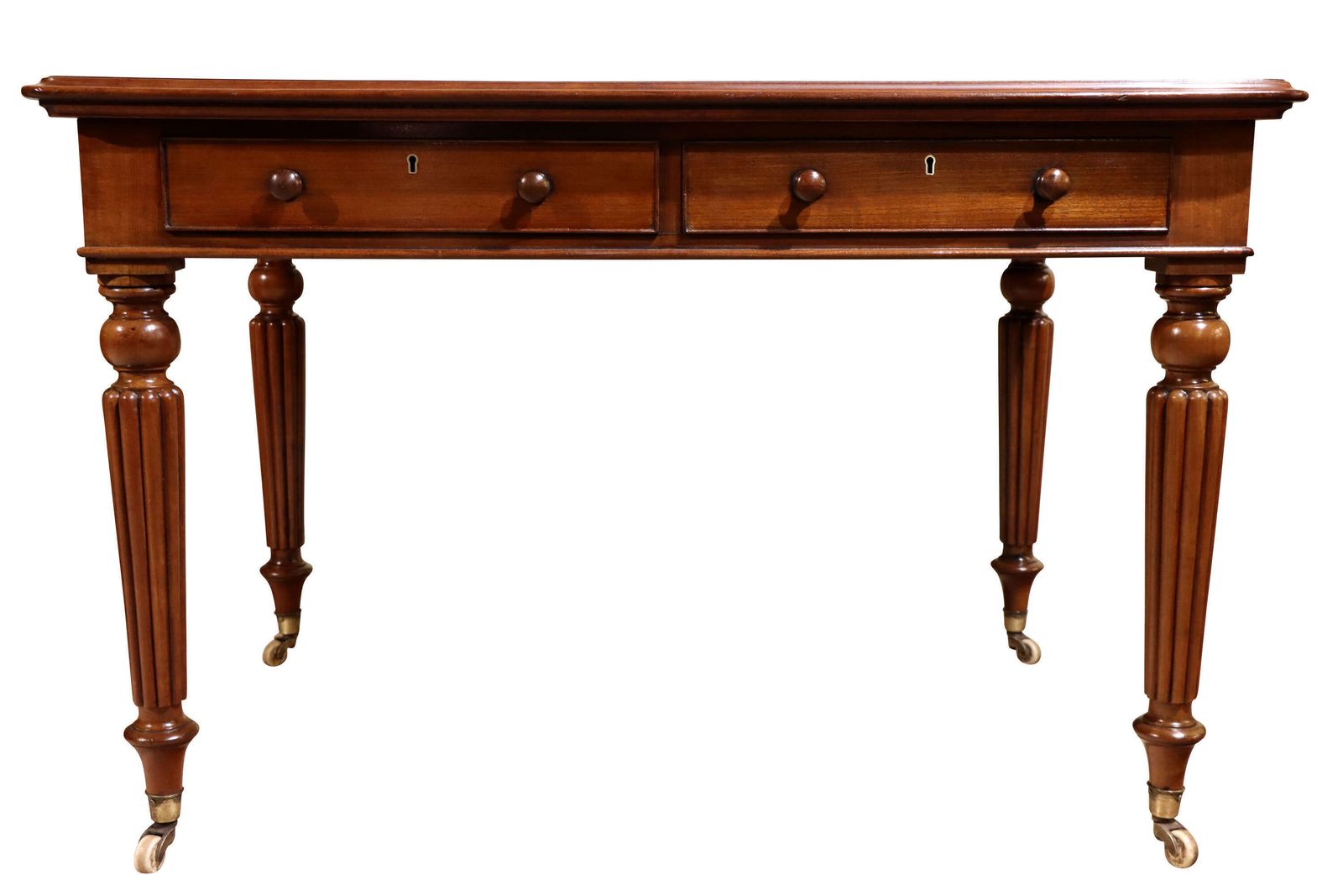Early Victorian Mahogany Writing Table With Tooled Leather Top & Reeded Legs, C.1860