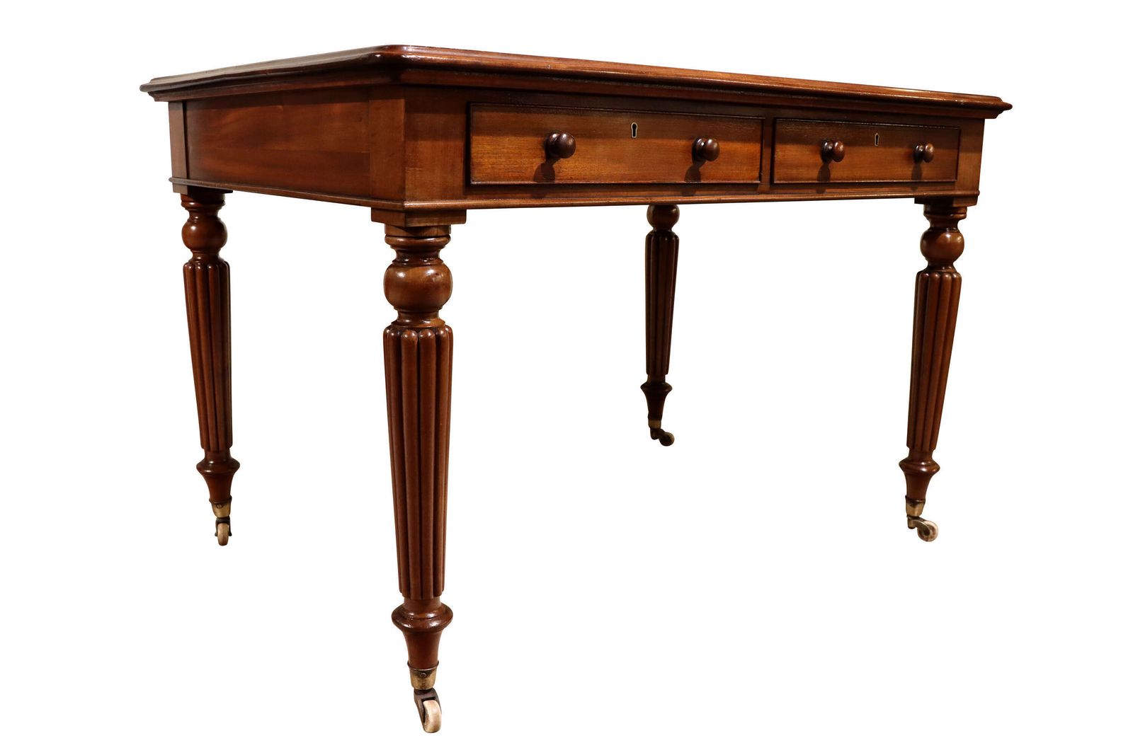 Early Victorian Mahogany Writing Table With Tooled Leather Top & Reeded Legs, C.1860 photo furniture