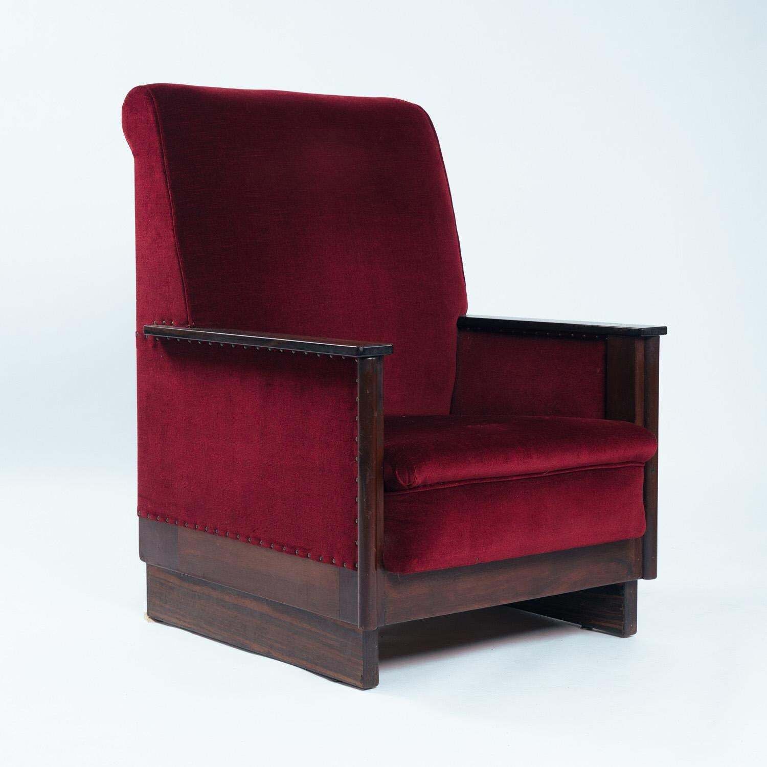 2 Red Velvet Amsterdam School Art Deco Chairs, The Netherlands, 1930s photo vinterior