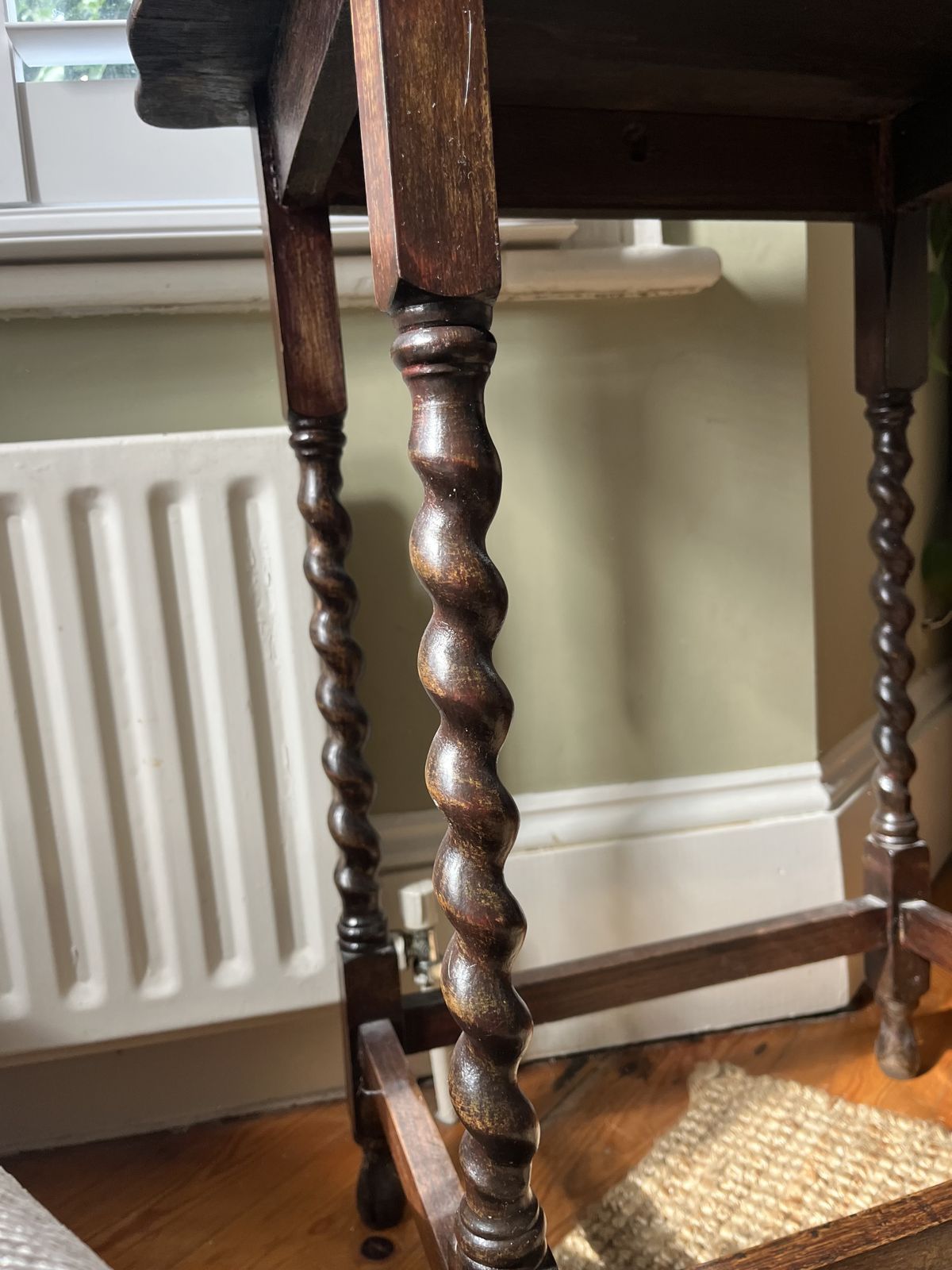 Dark Wood Antique Side Table With Scalloped Top And Barley Legs photo furniture