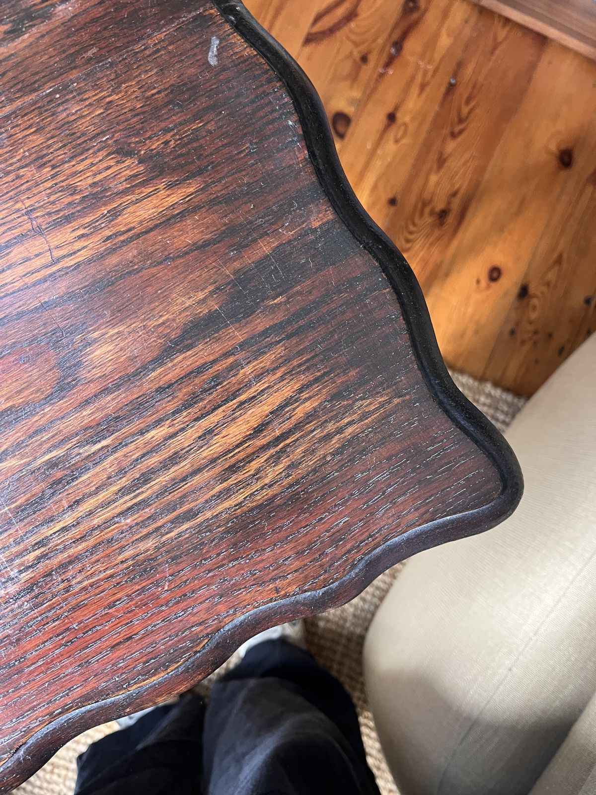 Dark Wood Antique Side Table With Scalloped Top And Barley Legs photo for sale