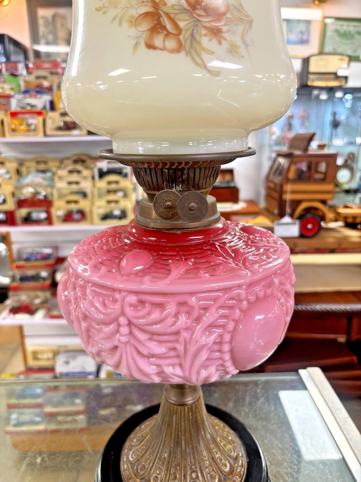 Antique Victorian Pressed Pink Glass Reservoir Oil Lamp With Flute & Shade photo for sale