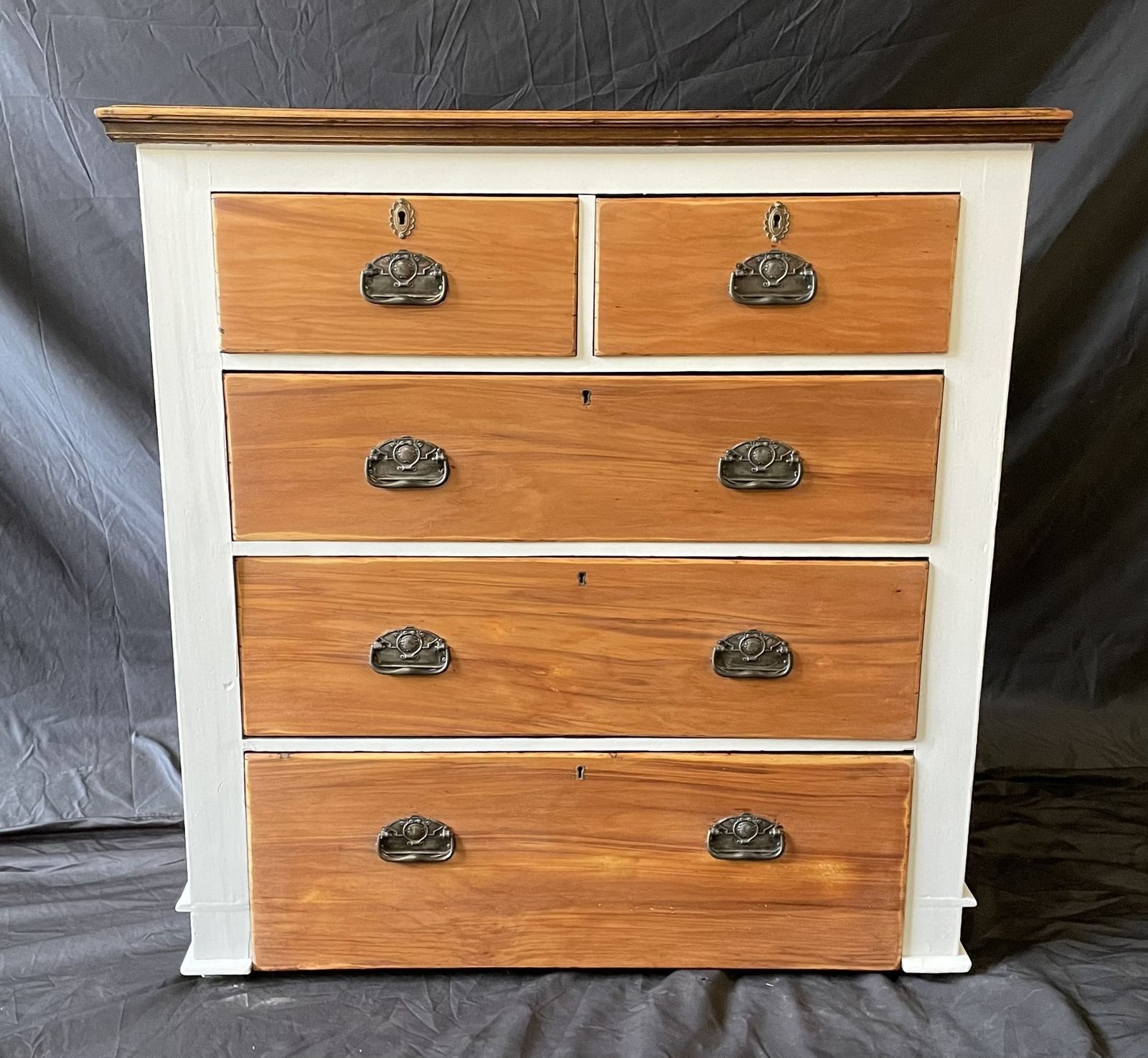 Rustic Farmhouse Chest Of Drawers – Painted Taupe & Natural Wood, Brass Details photo for sale