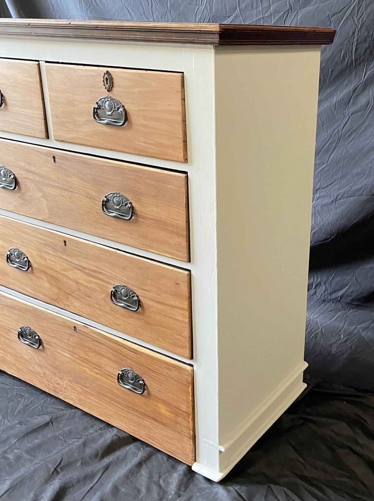 Rustic Farmhouse Chest Of Drawers – Painted Taupe & Natural Wood, Brass Details photo 325.0