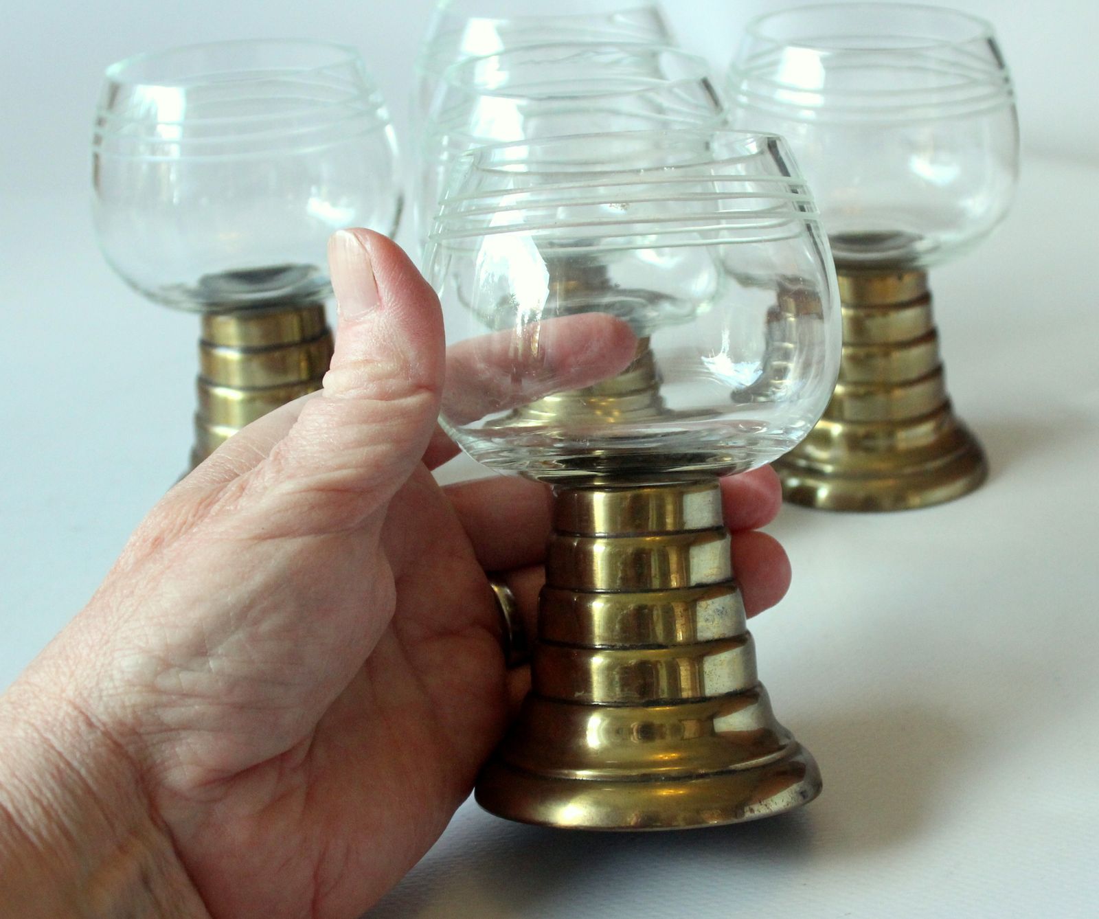 1920s   Antique Handmade Wine Glasses   Wine Roemer With A Brass Colored Metal Base    Set Of 5   Handmade By Böhme + Hennen/Dresden/Germany photo for sale