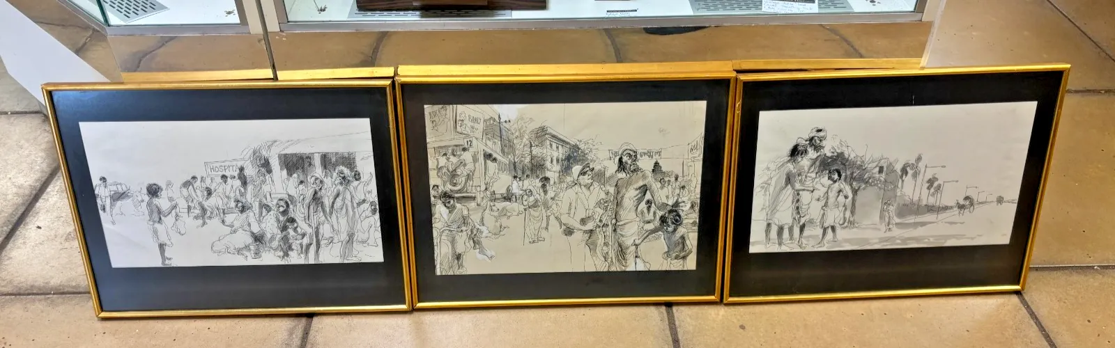 Trio Of Original Line Drawings Of Indian Scenes By Richard Kennedy Framed