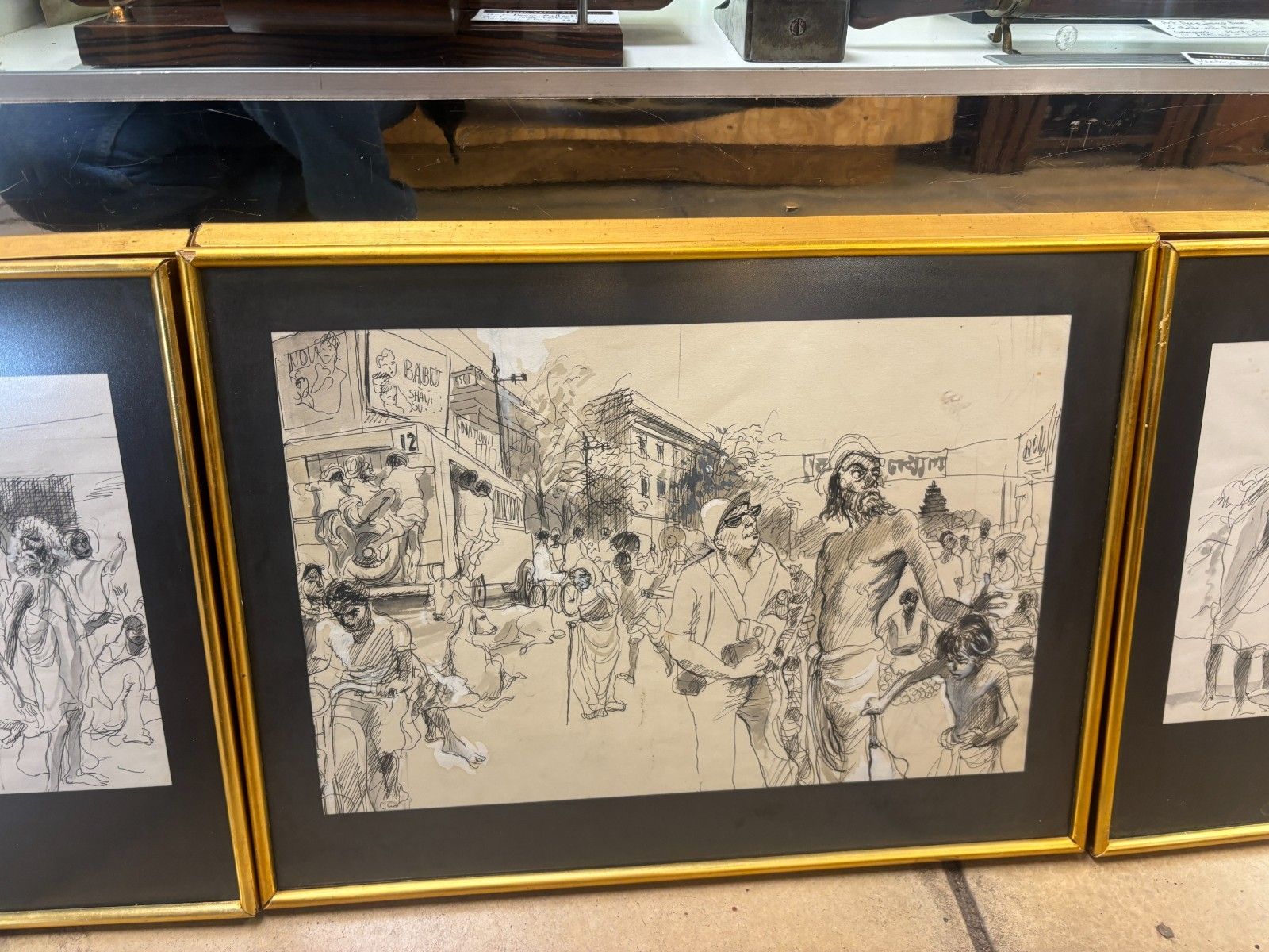 Trio Of Original Line Drawings Of Indian Scenes By Richard Kennedy Framed photo 125.0