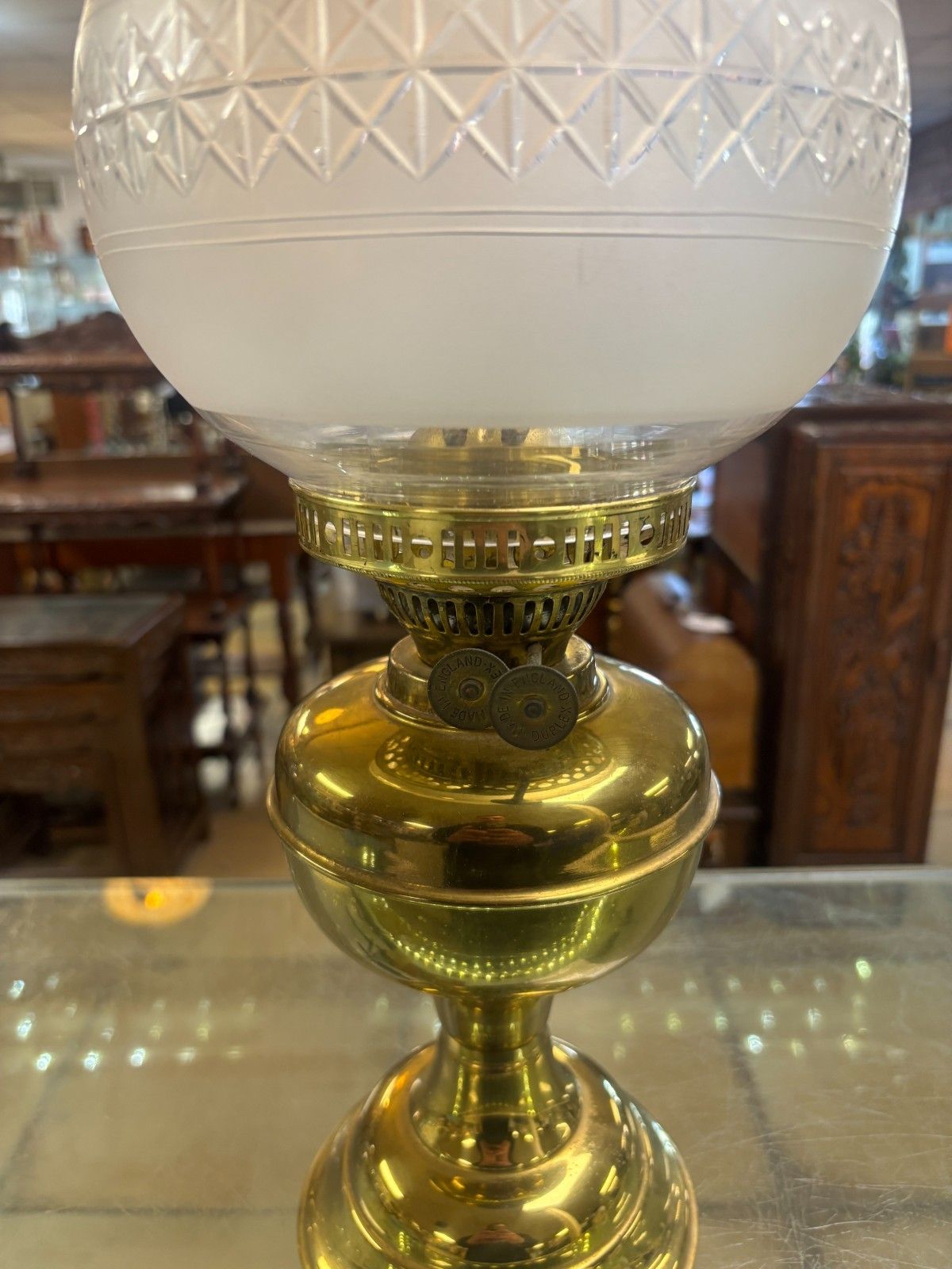 Vintage Duplex Double Wick Brass Oil Lamp With Flute & Frosted Shade photo for sale