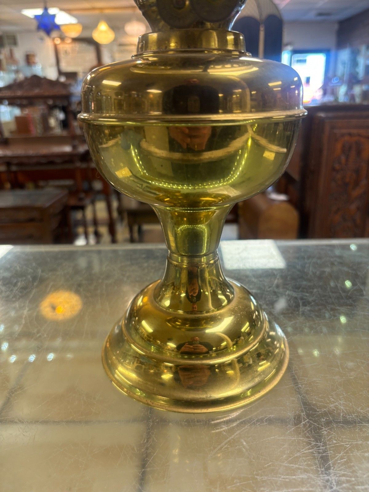 Vintage Duplex Double Wick Brass Oil Lamp With Flute & Frosted Shade photo Lighting