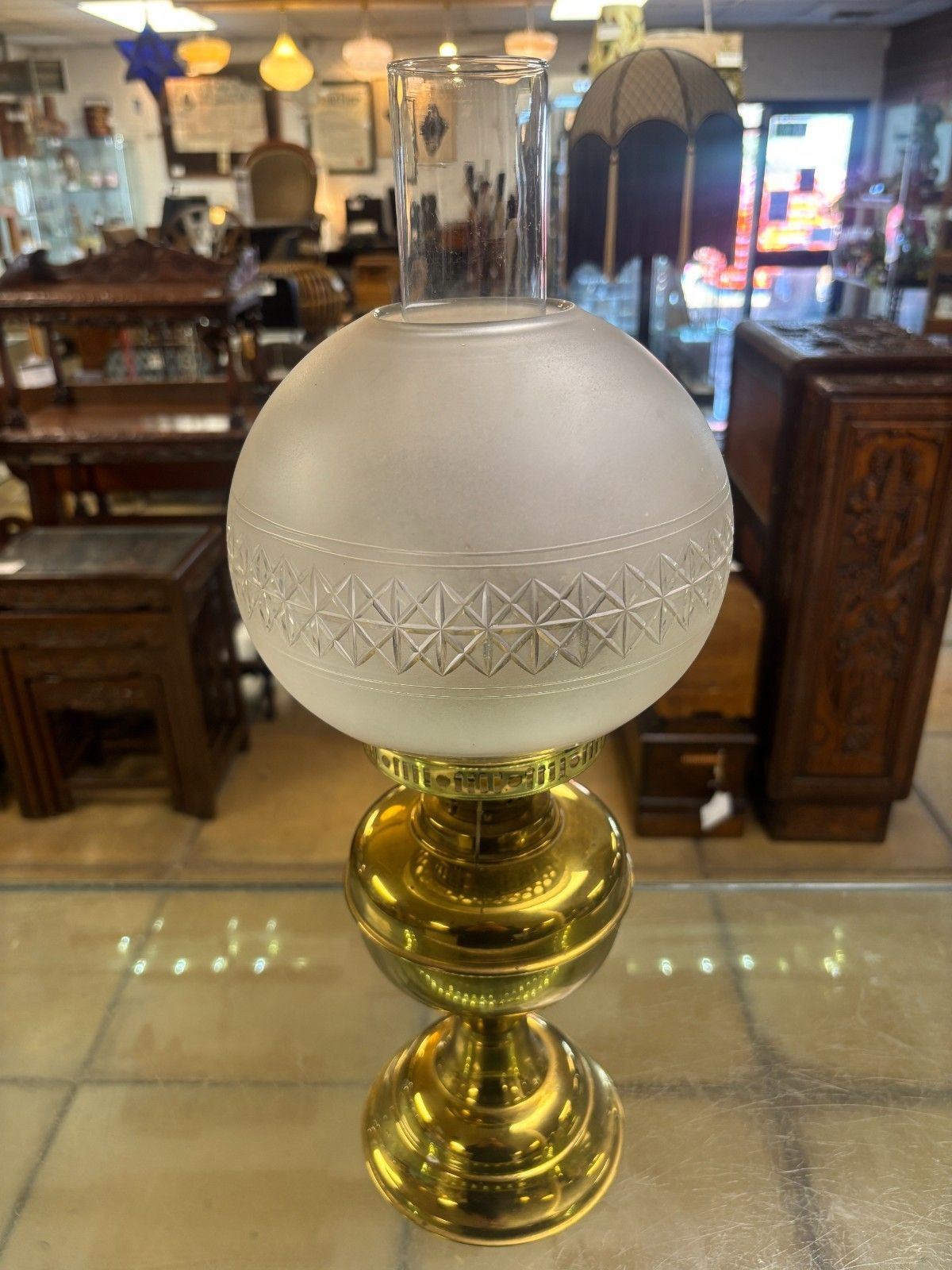Vintage Duplex Double Wick Brass Oil Lamp With Flute & Frosted Shade photo buy