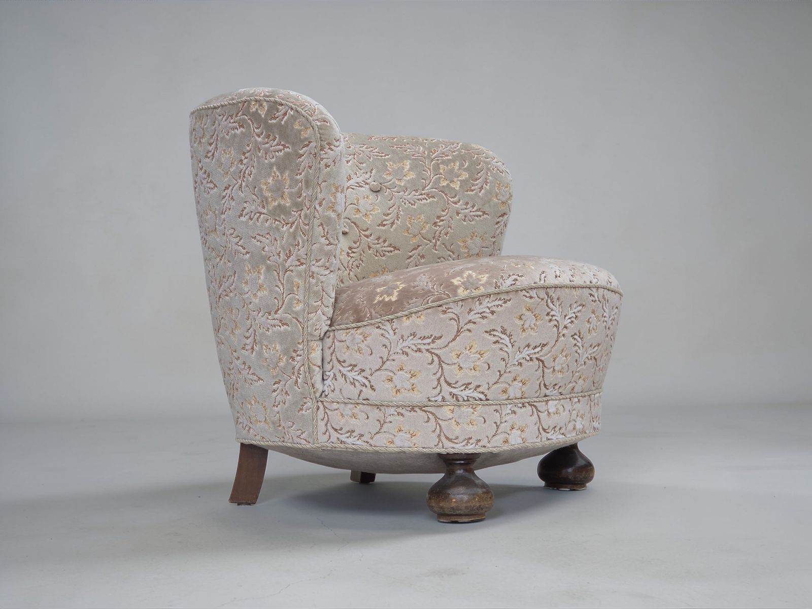 1970s, Danish Curved Armchair, Original Light Green/Gray Furniture Velour.