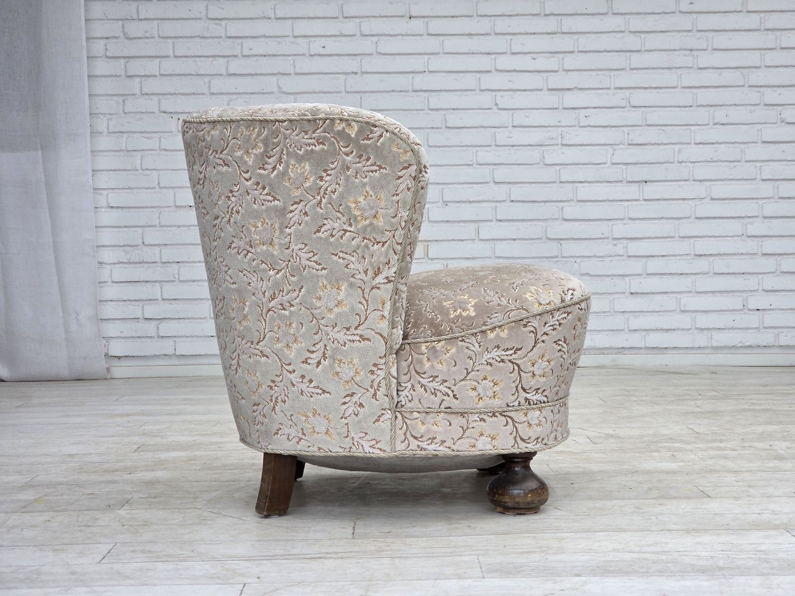 1970s, Danish Curved Armchair, Original Light Green/Gray Furniture Velour. photo vintage