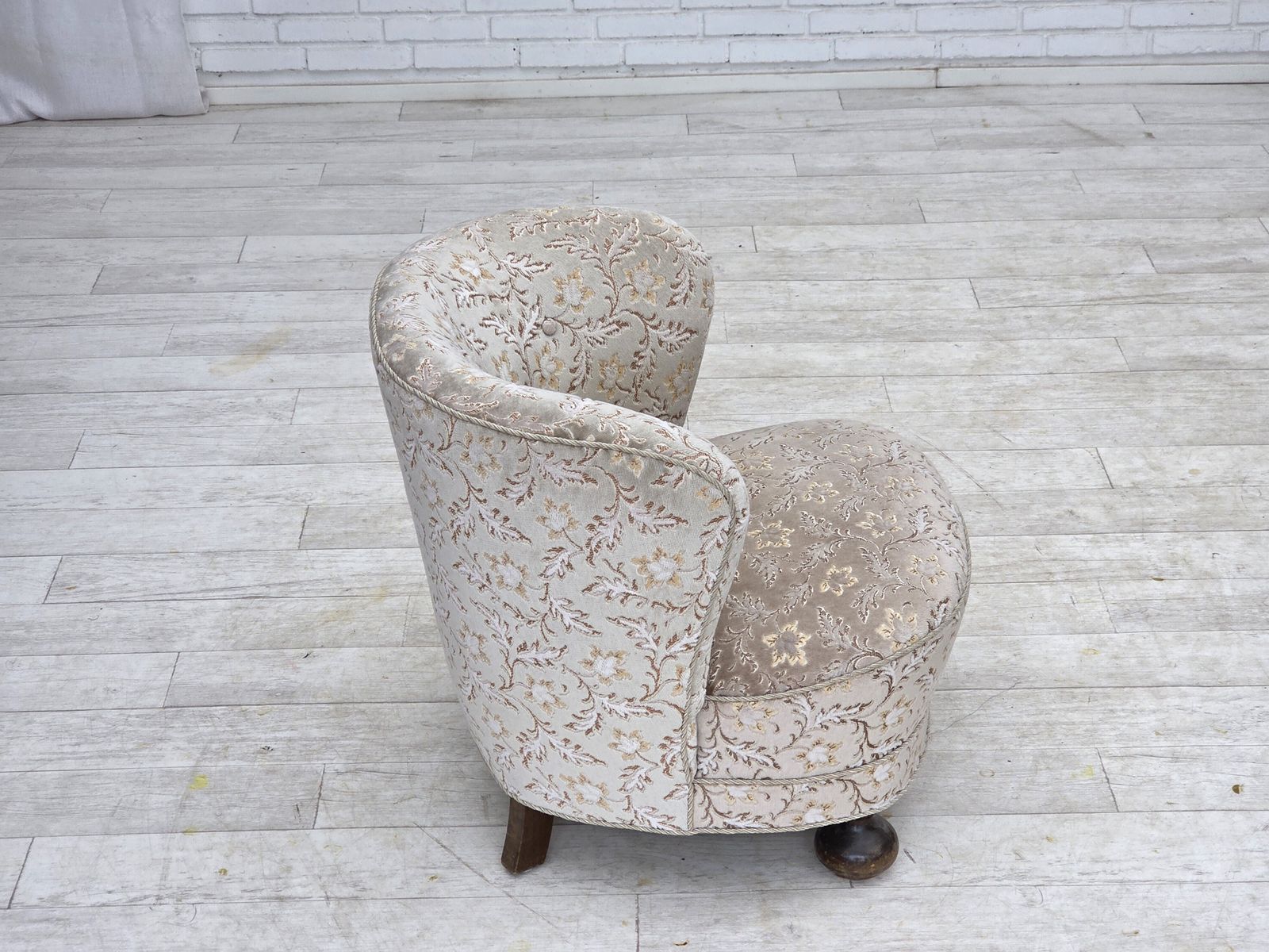 photo furniture 1970s, Danish Curved Armchair, Original Light Green/Gray Furniture Velour.