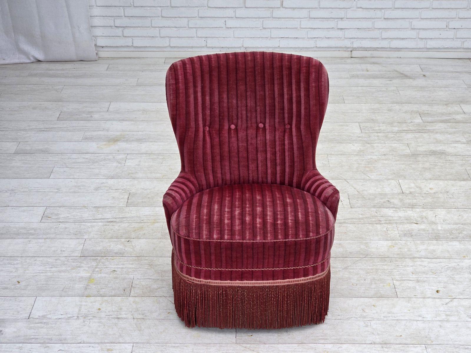 1960s, Danish Armchair, Original Striped Red Furniture Velour. photo vinterior