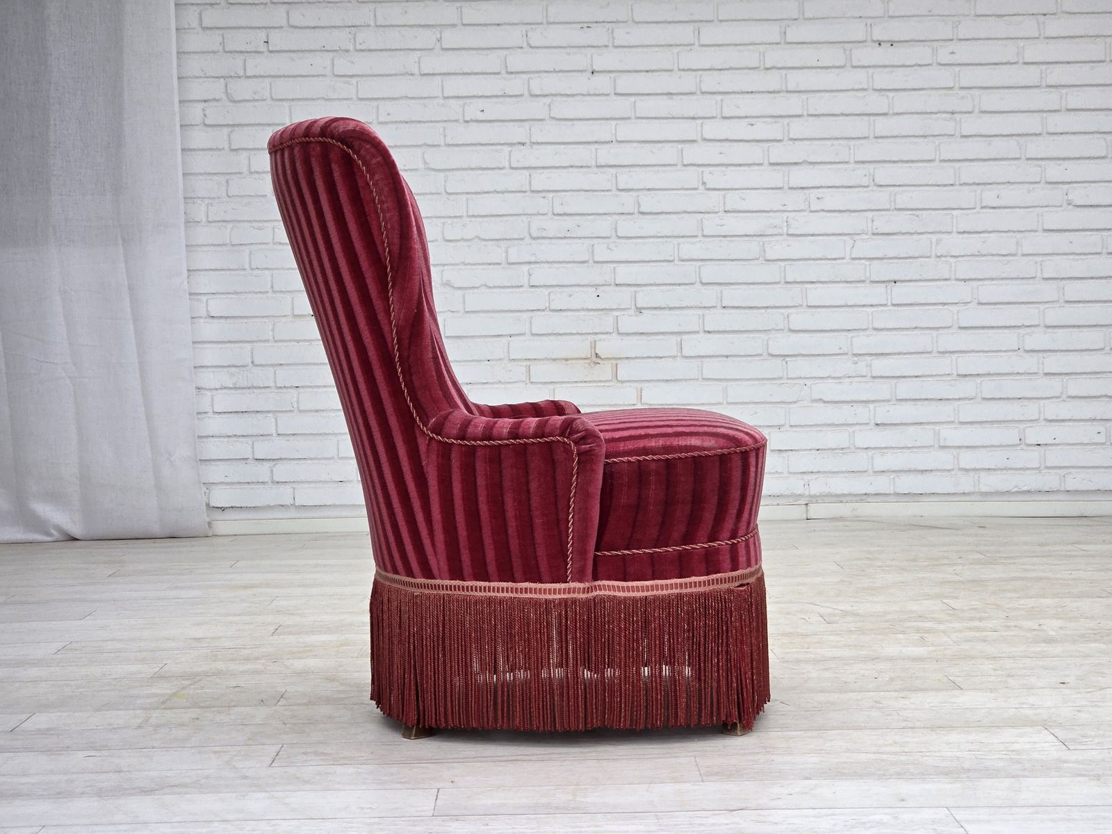 1960s, Danish Armchair, Original Striped Red Furniture Velour. photo buy