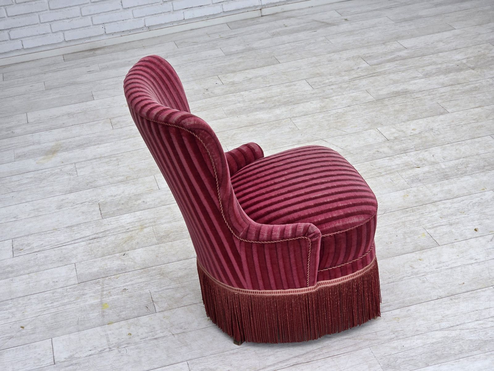 1960s, Danish Armchair, Original Striped Red Furniture Velour. photo vintage