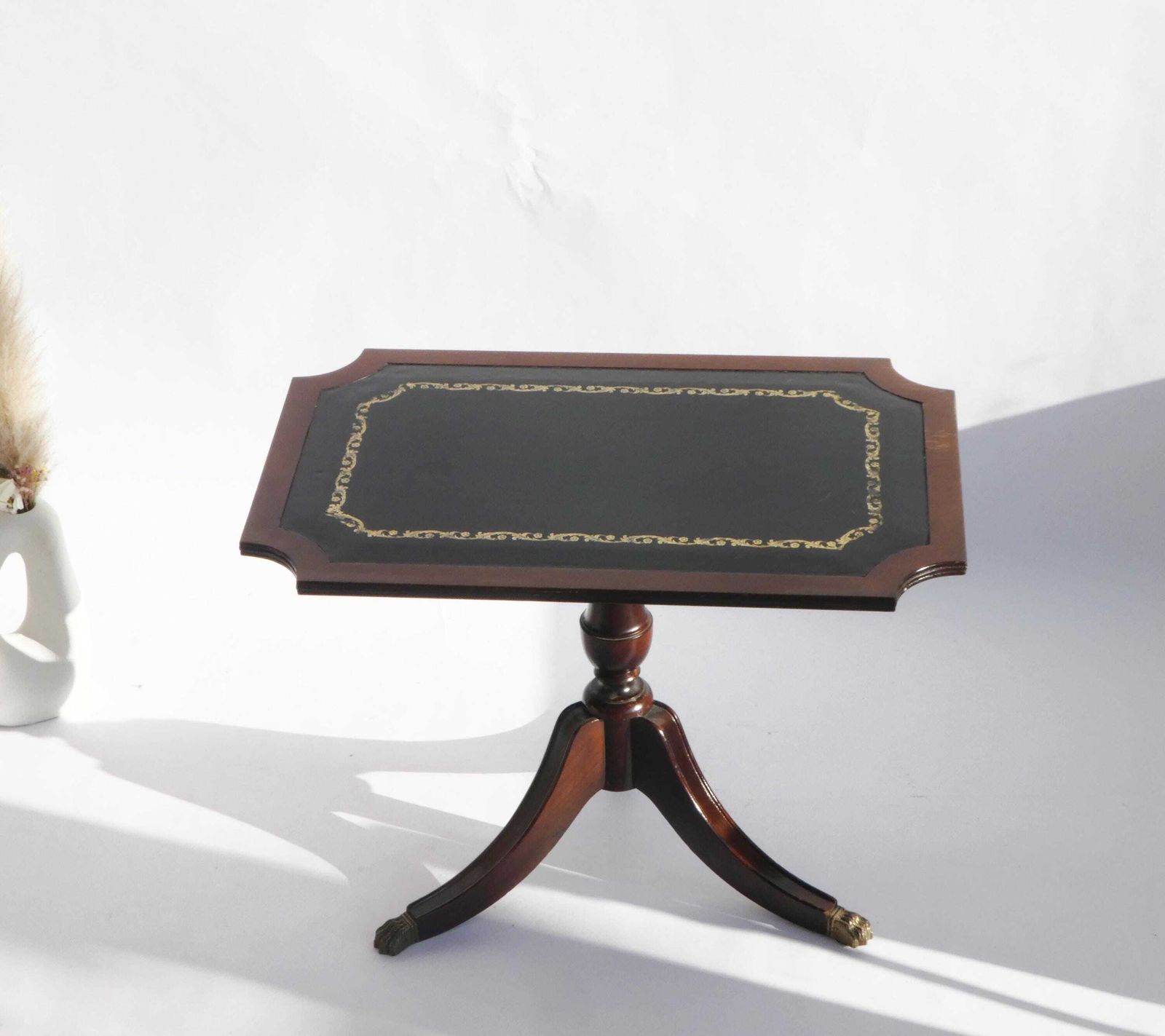 Antique Victorian Coffee Table With Green Leather Top And Lion Paws, English Wooden Tripod Side Table With Brass
