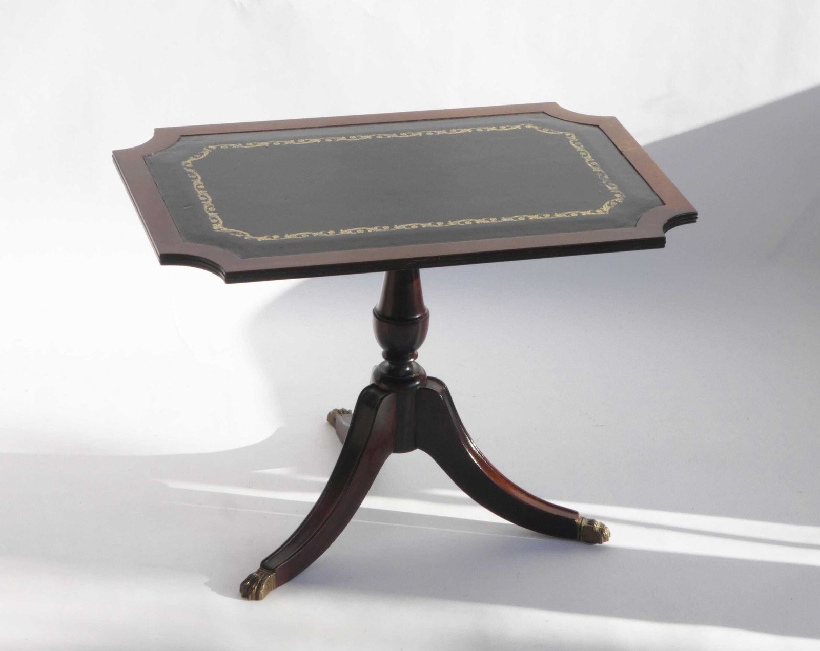 Antique Victorian Coffee Table With Green Leather Top And Lion Paws, English Wooden Tripod Side Table With Brass photo vintage
