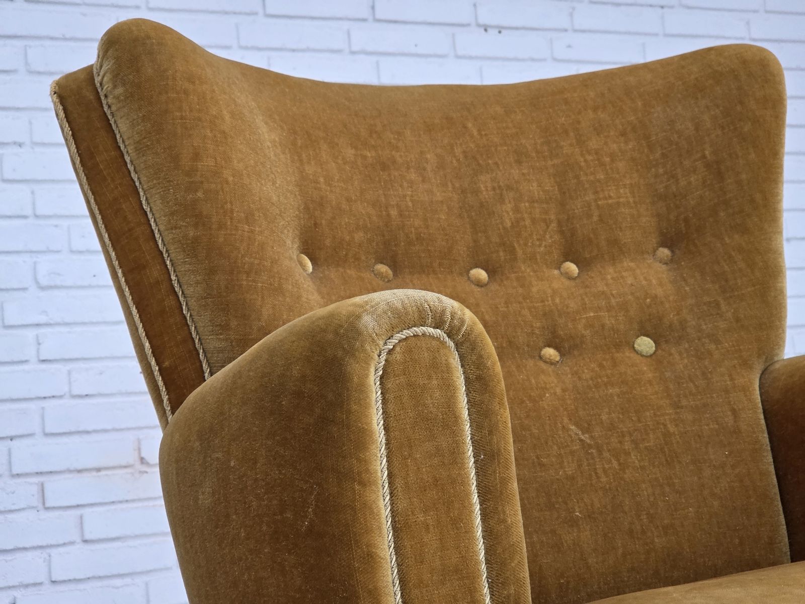 1960s, Danish Relax Chair, Original Honey Yellow Furniture Velour. photo 990.0