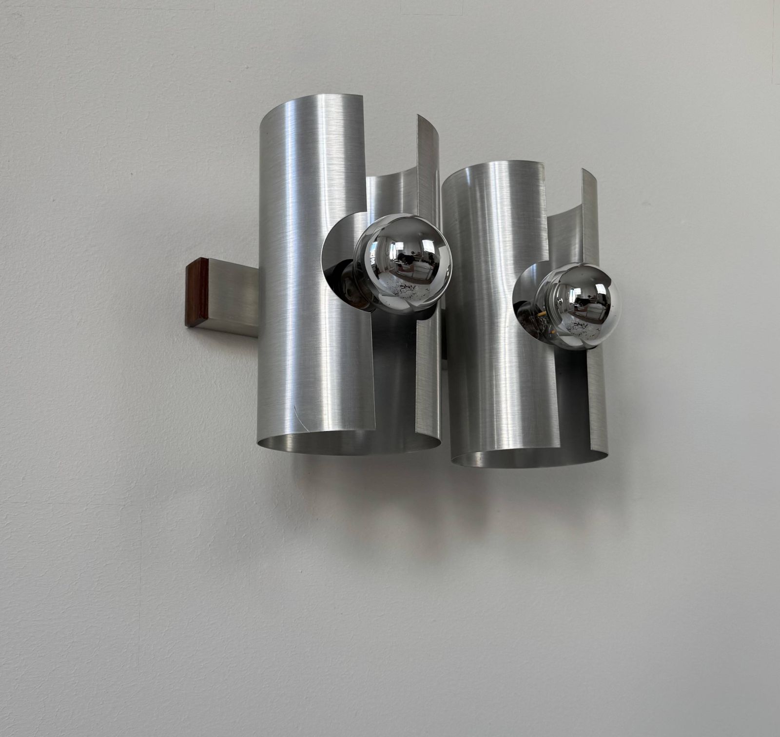Vintage Double Wall Light In Brushed Metal And Rosewood, France, 1970 photo furniture
