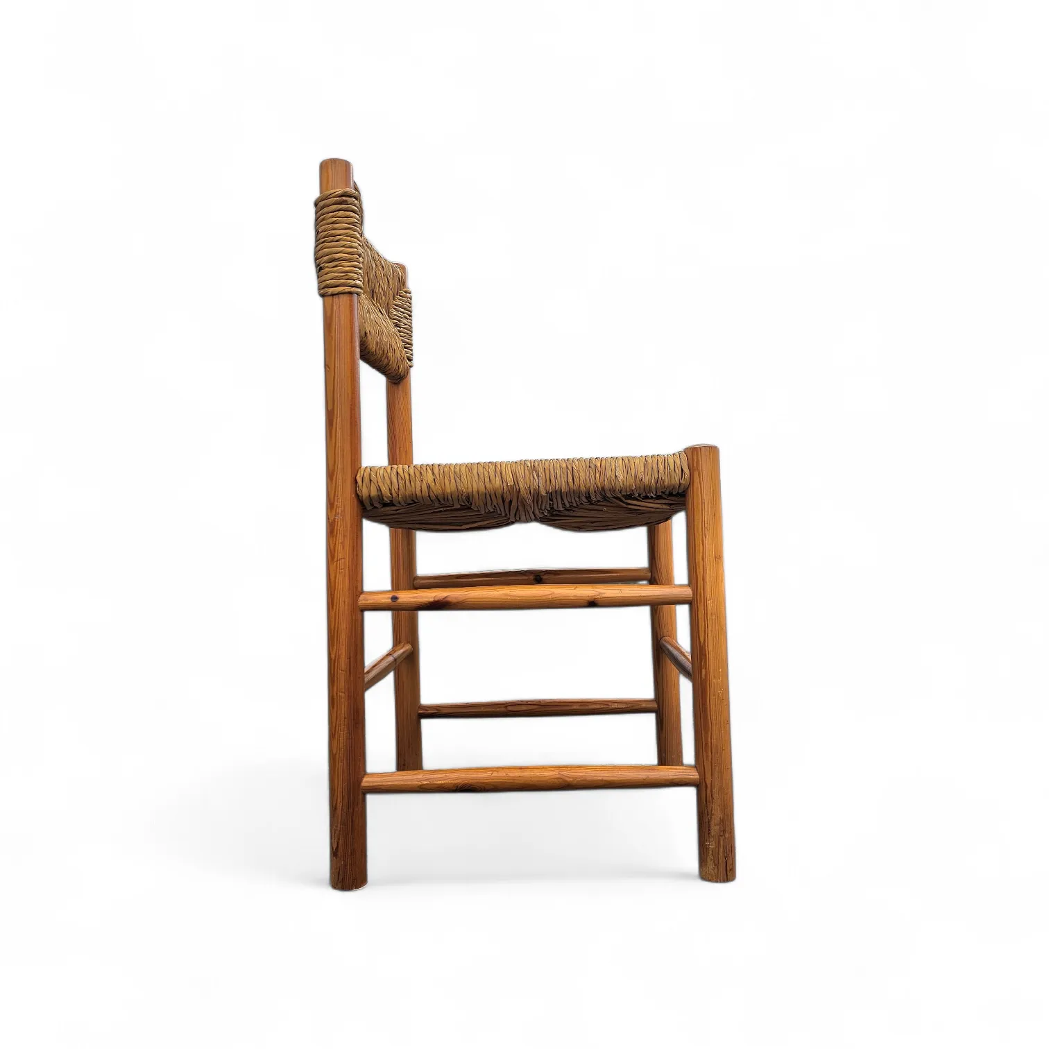 photo furniture 2 X Pine Wood Woven Reed Dining Chairs / France 1950s