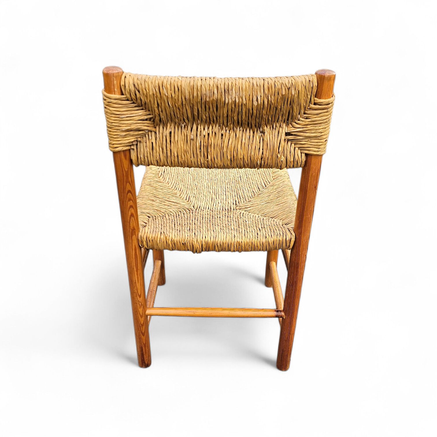 photo vintage 2 X Pine Wood Woven Reed Dining Chairs / France 1950s