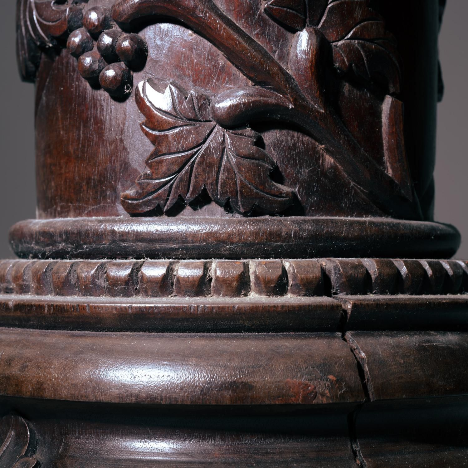 2 Art Nouveau Mahogany Wooden Carved Pedestals Column Vine Motif, France 1920s photo vinterior
