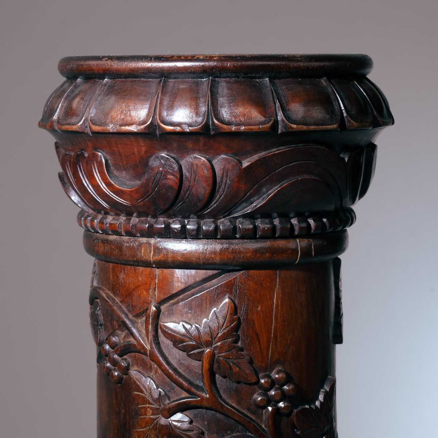 photo for sale 2 Art Nouveau Mahogany Wooden Carved Pedestals Column Vine Motif, France 1920s
