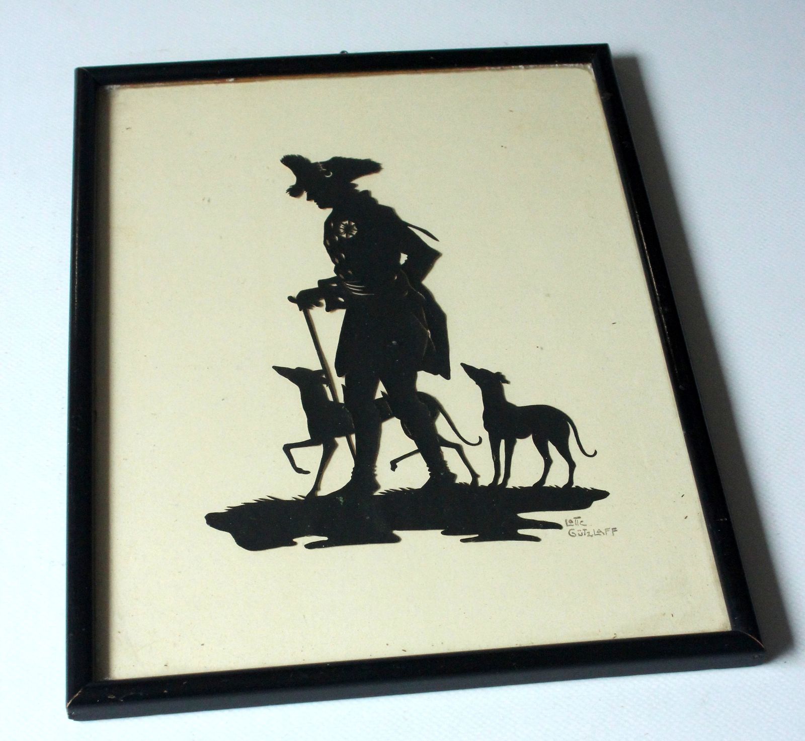 1910s   Antique Silhouette Paper Cut By Lotte Gützlaff   "King Friedrich II With Two Greyhounds"  "The Old Fritz"   Signed photo furniture