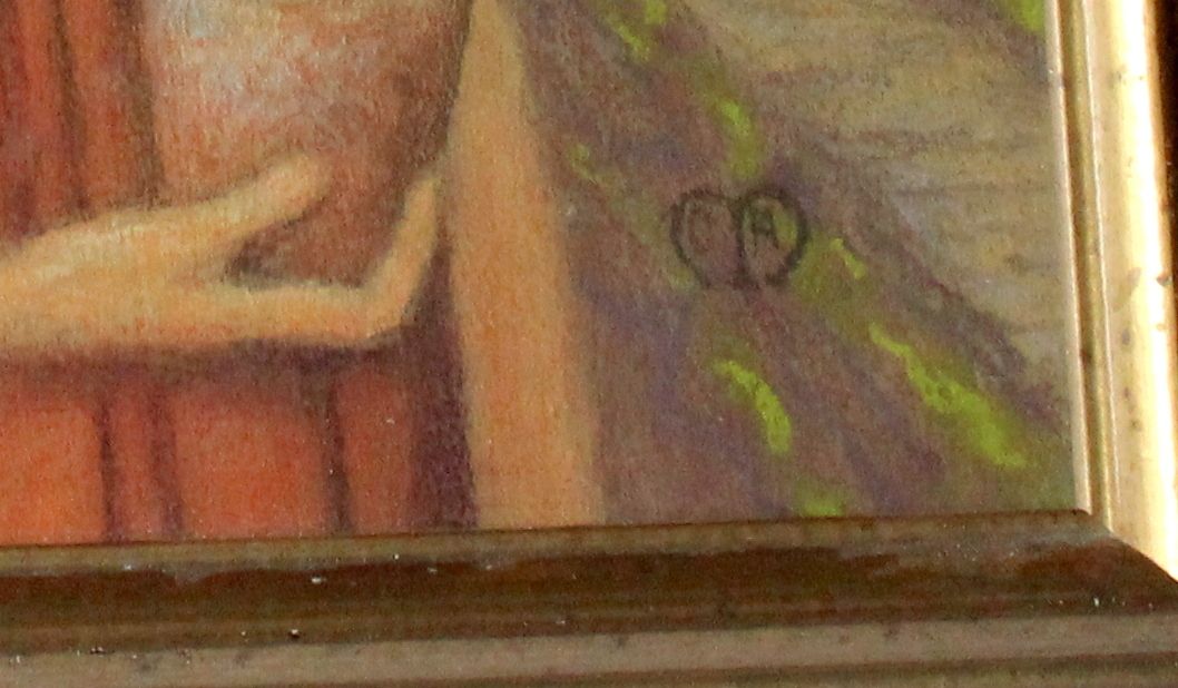 1920s   Antique Pastel Chalk Drawing "Young Girl In The Garden"   Monogramed photo Art