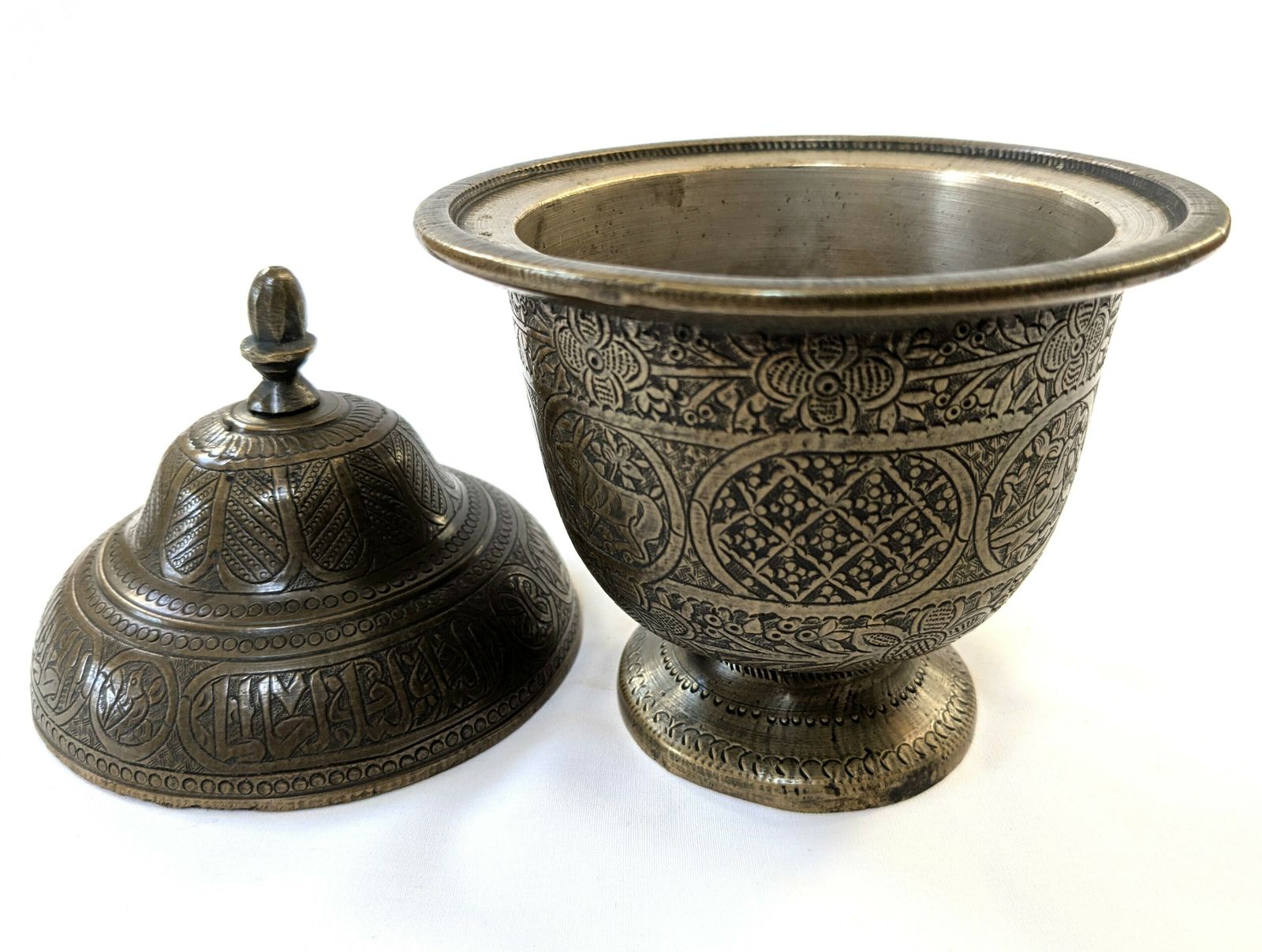 Antique Islamic Middle East Bronze Engraved Covered Pot With Animals And Calligraphy photo Home Decor