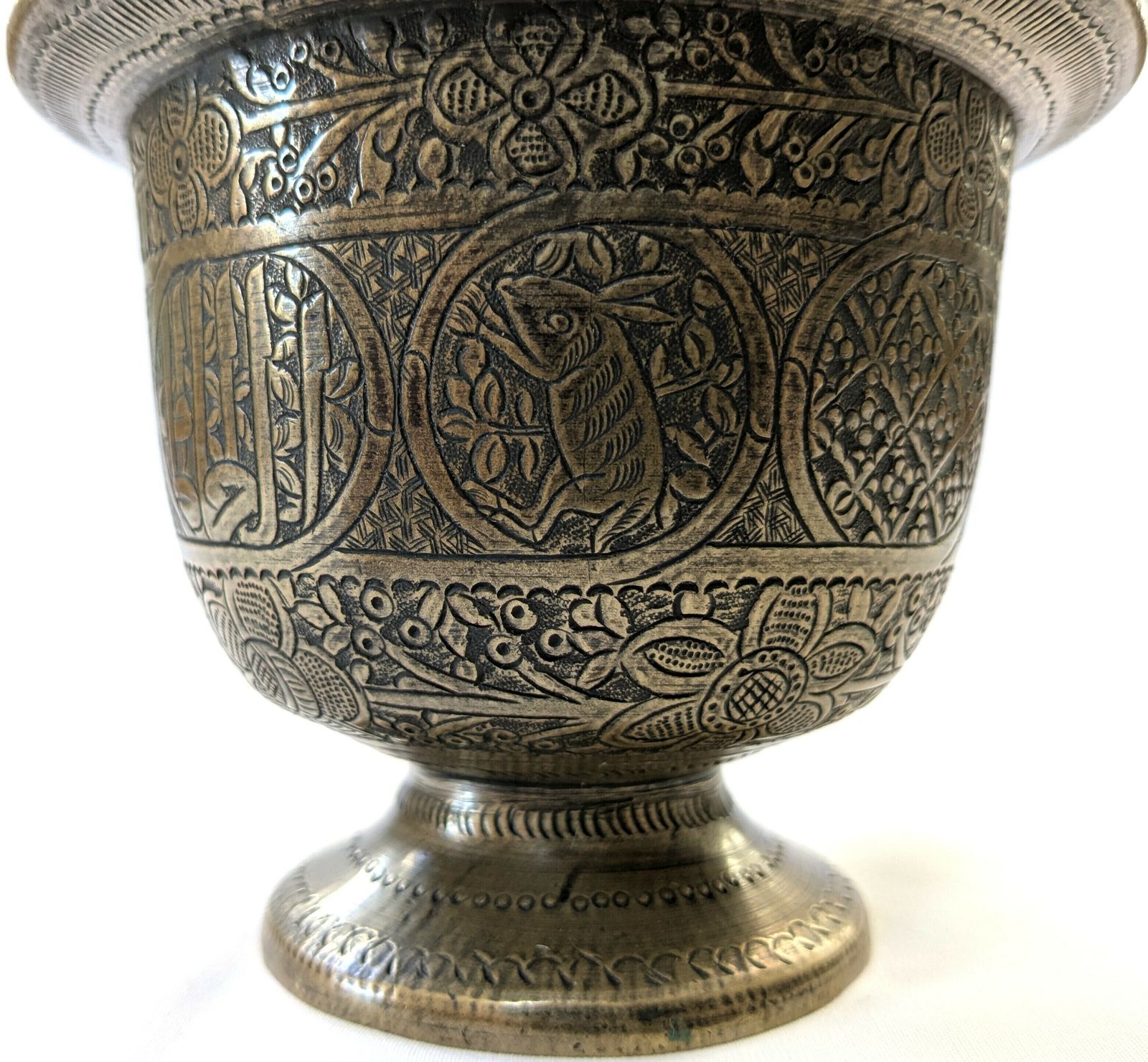 Home Decor Antique Islamic Middle East Bronze Engraved Covered Pot With Animals And Calligraphy photo