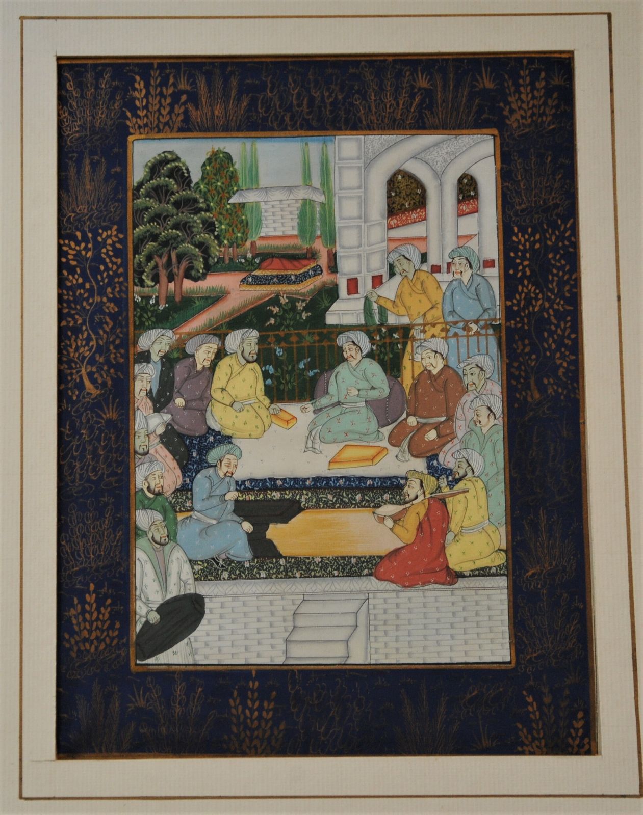 Vintage Framed Islamic Miniature Painting Of Royal Court Scene On Silk photo furniture