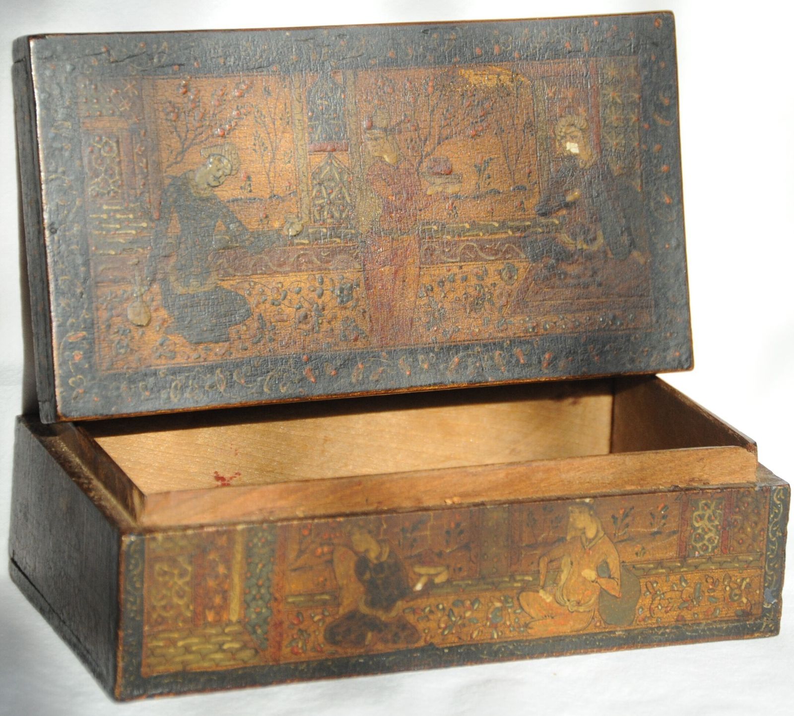 Antique Islamic Qajar Islamic Wooden Jewellery Box With Miniature Paintings