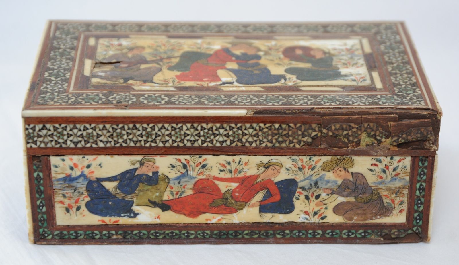 Antique Islamic Wooden Khatam Box With Safavid Style Miniature Paintings photo for sale
