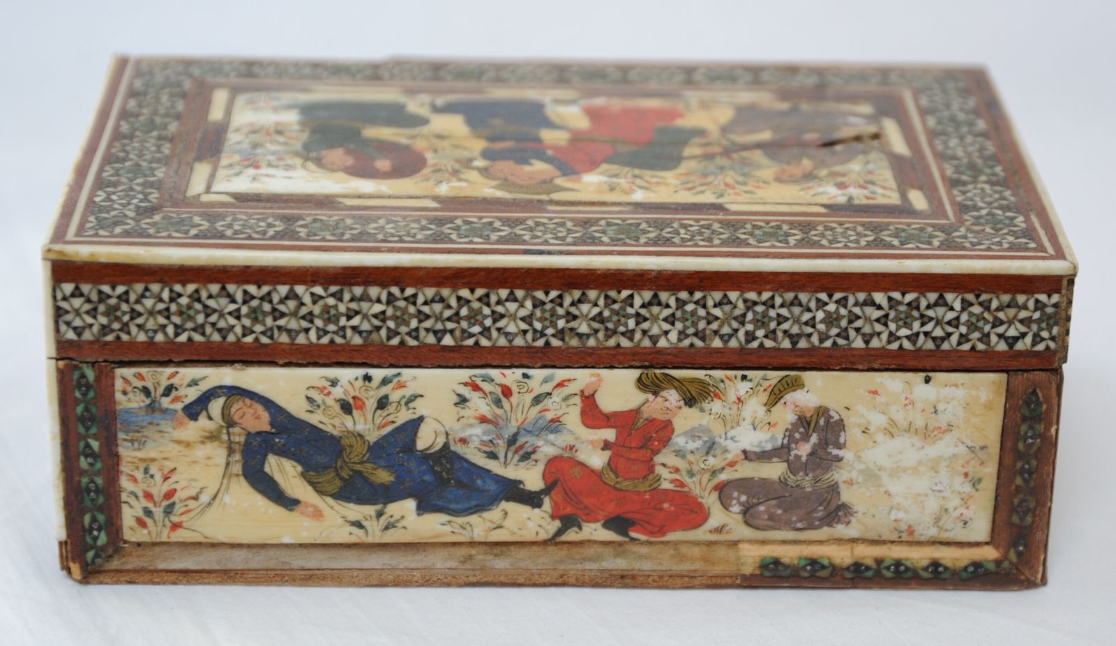 Antique Islamic Wooden Khatam Box With Safavid Style Miniature Paintings photo 400.0