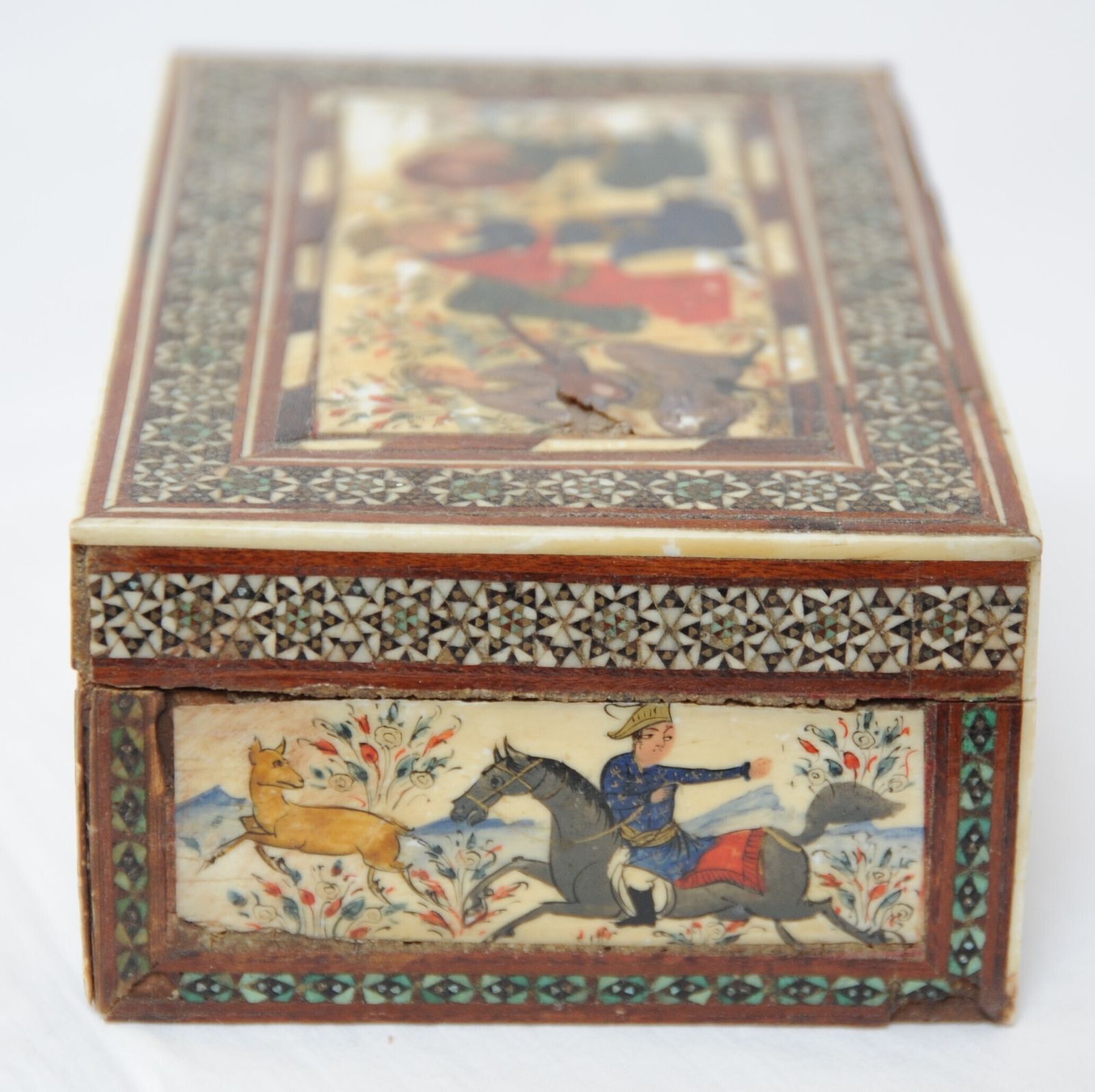 Antique Islamic Wooden Khatam Box With Safavid Style Miniature Paintings photo vinterior